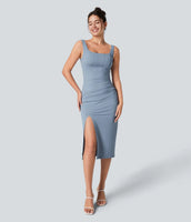 Softlyzero™ Airy Square Neck Backless Corset Ruched Split Bodycon Midi Cool Touch Bridesmaid and Wedding Guest Dress