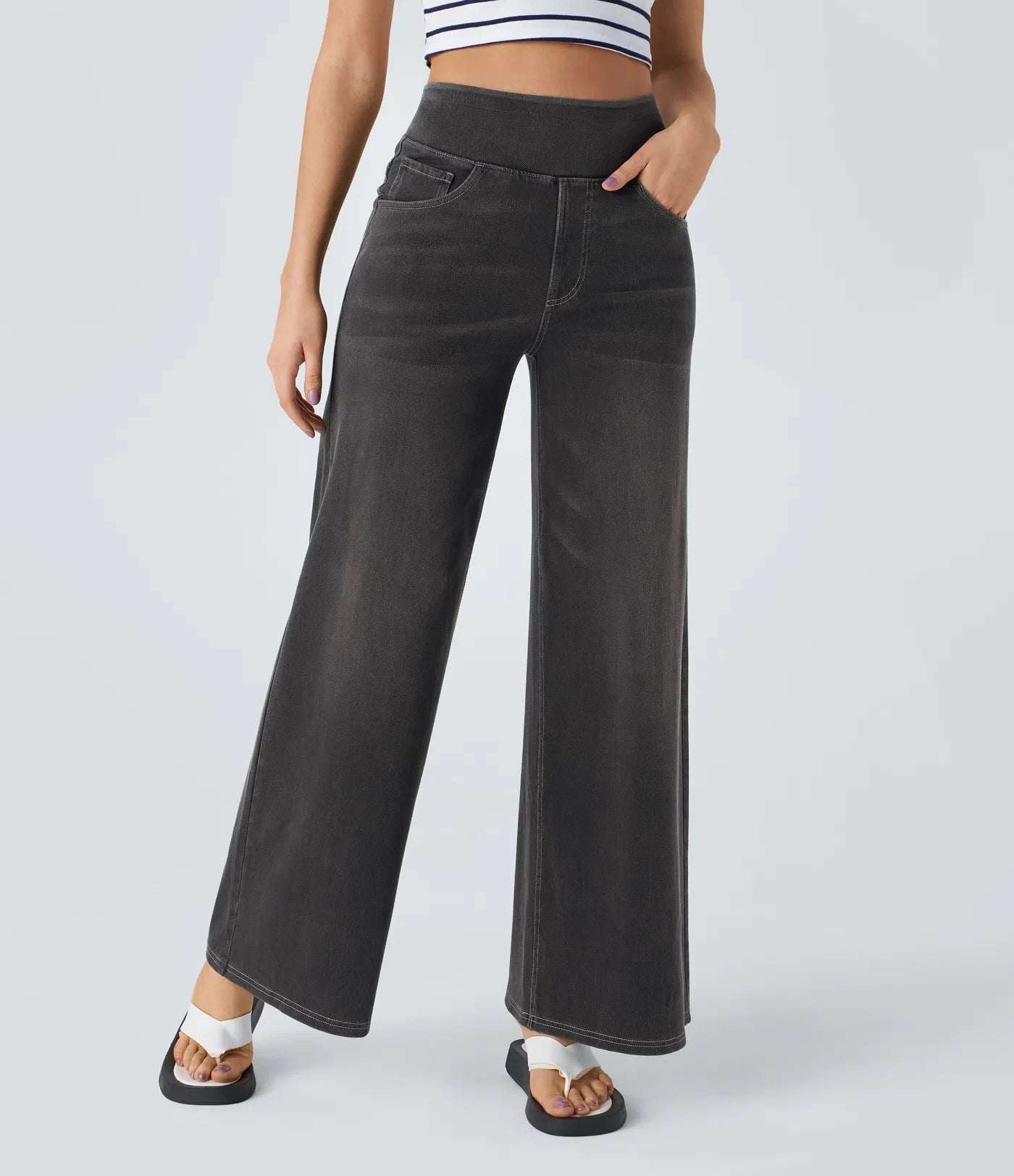 Halara Flex™ High Waisted Multiple Pockets Baggy Wide Leg Washed Stretchy Knit Casual Jeans