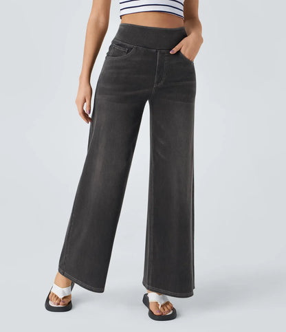 Halara Flex™ High Waisted Multiple Pockets Baggy Wide Leg Washed Stretchy Knit Casual Jeans