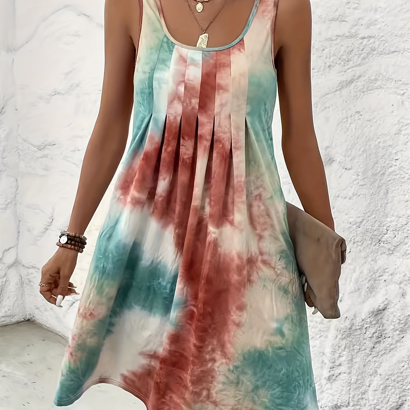 Plus Size Dames Casual Mouwloze Tie-Dye Print Jurk - Levendig Paars & Blauw Willekeurig Patroon, Losse Pasvorm Ronde Hals Potloodrok, Wasbare Zomerjurk, Vlottende Stof Gown
