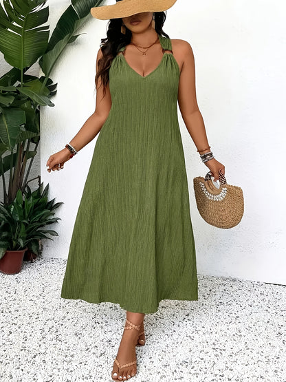 Plus Size Dames Modieuze Effen Kleur Mouwloze V-hals Maxi Jurk - Losse Pasvorm, Niet Stretchend Stof, Casual Weekendkleding Voor Lente/Zomer, Casual Kleding|V-hals Jurk|Niet Stretchend Stof