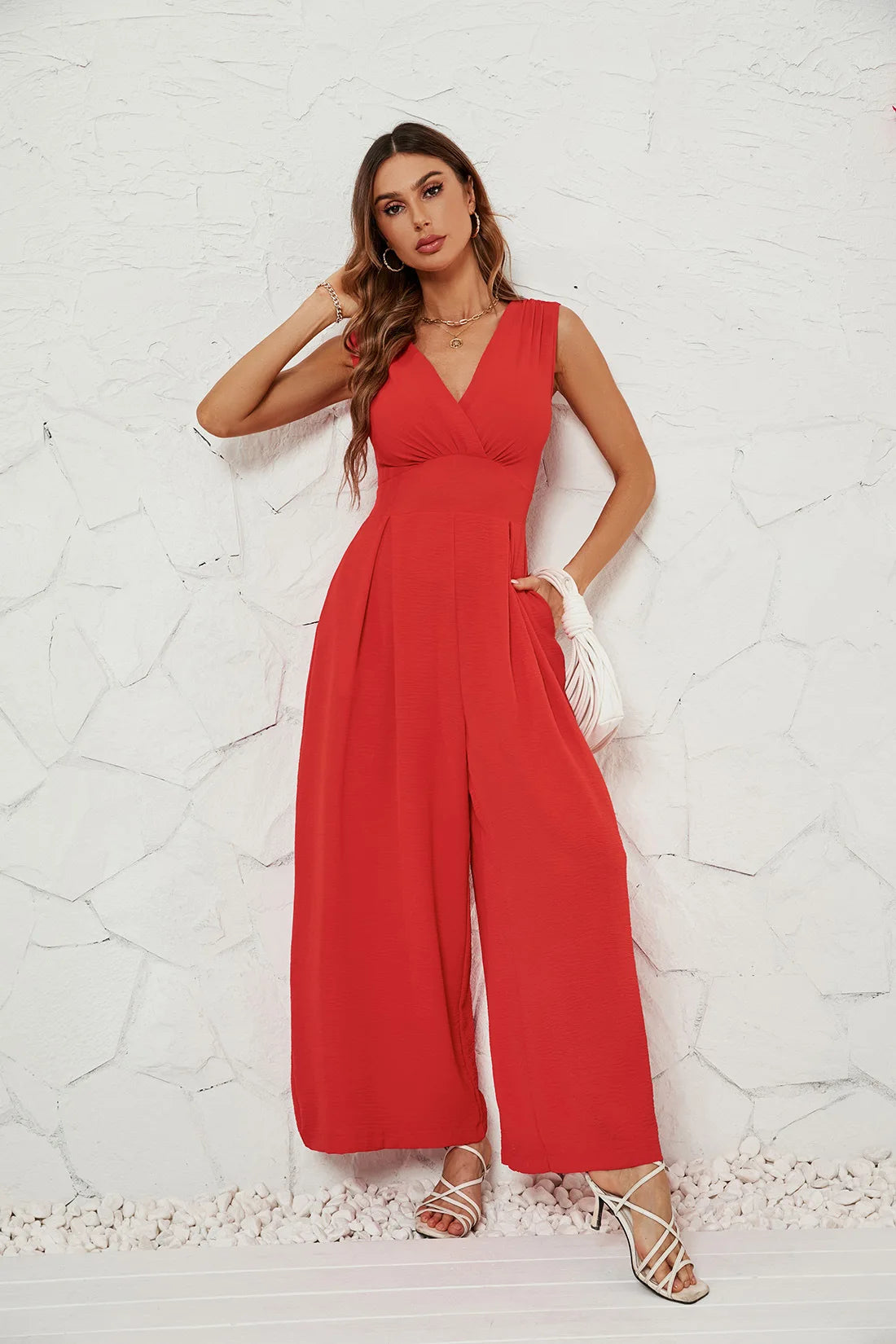 2025 Summer Women'S Commuter Sleeveless Fashion V-Neck Waist Sleeveless Jumpsuit