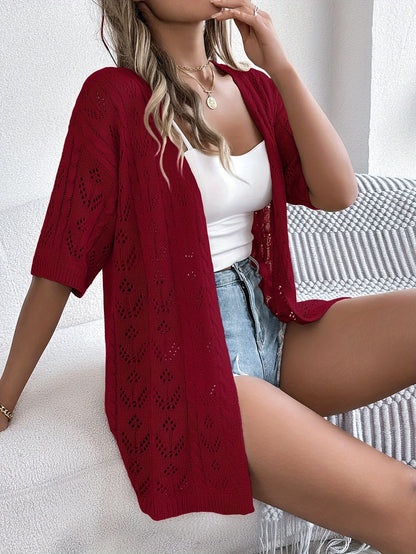 Vrouwen Lichtgewicht Kanten Cardigan - Hoog Elastisch Open Voorkant Semi-Doorschijnende Cover-Up Voor Lente Zomer Herfst, Casual Chic Laagje, Seizoensmode, Decoratieve Gebreide Trui