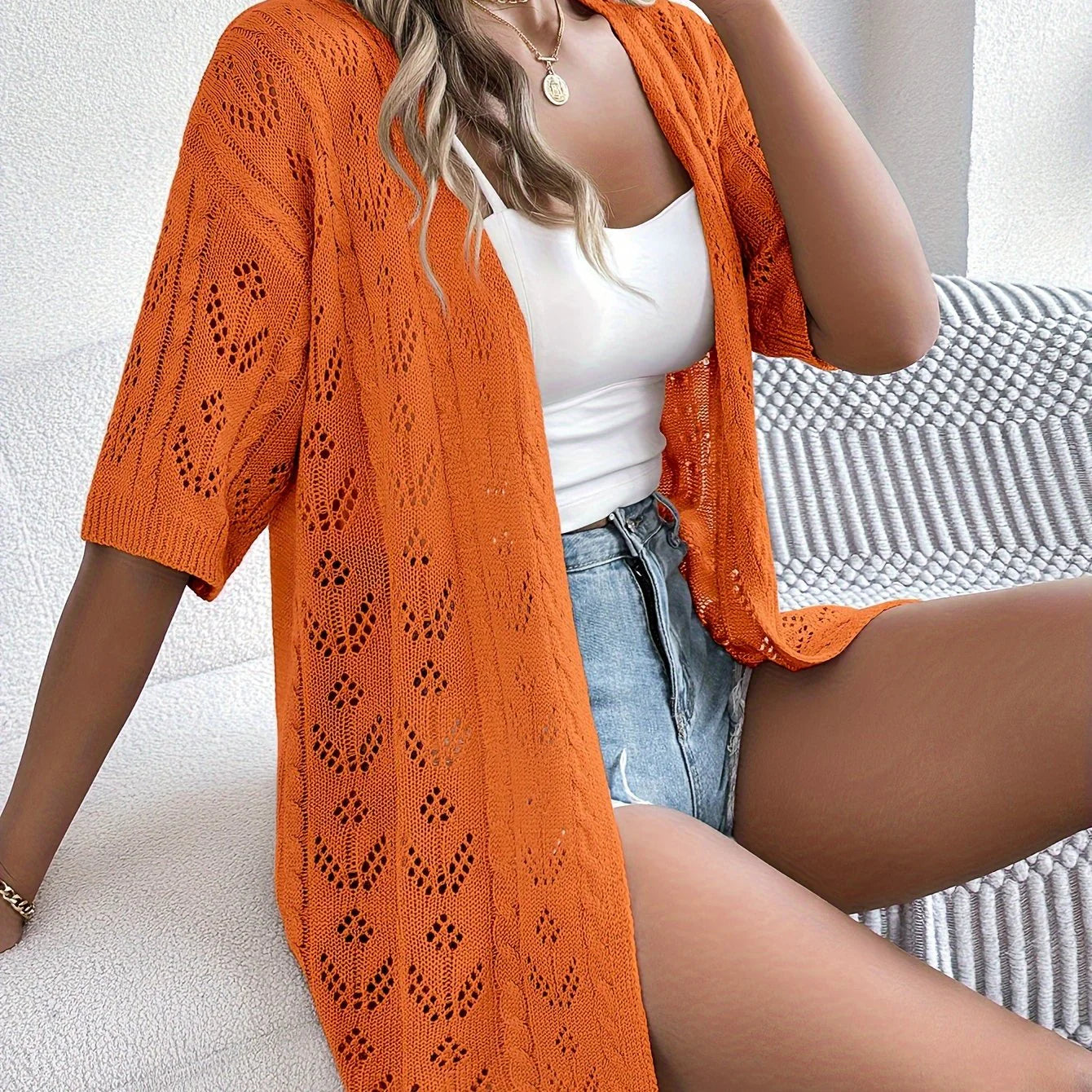 Vrouwen Lichtgewicht Kanten Cardigan - Hoog Elastisch Open Voorkant Semi-Doorschijnende Cover-Up Voor Lente Zomer Herfst, Casual Chic Laagje, Seizoensmode, Decoratieve Gebreide Trui