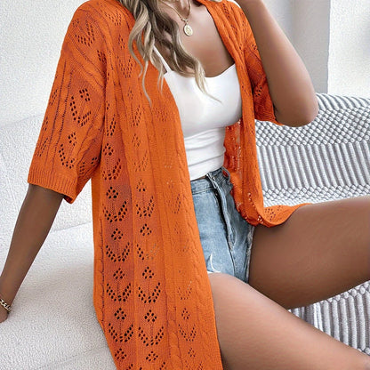Vrouwen Lichtgewicht Kanten Cardigan - Hoog Elastisch Open Voorkant Semi-Doorschijnende Cover-Up Voor Lente Zomer Herfst, Casual Chic Laagje, Seizoensmode, Decoratieve Gebreide Trui