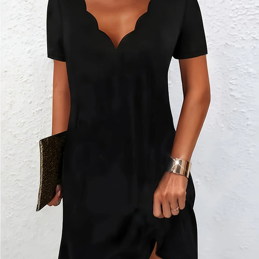 Plus Size Bohemian Elegante V-Hals Korte Mouw Jurk Voor Dames - Rekbare Effen Kleur, Machinewasbaar 3-Seizoen Casual & Chique Outfit, Seizoensmode, Niet-Doorschijnende Stof