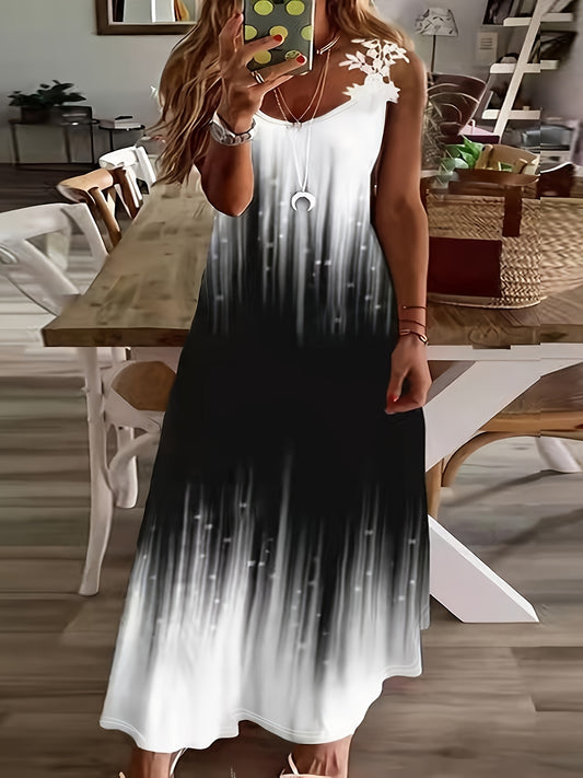 Plus Size Dames Elegante Digitale Print Spaghetti Bandjesjurk - Zwart & Wit Verticale Streep, Ronde Hals, Machinewasbaar, All-Seizoen Veelzijdige Lange Jurken, Casual Elegantie, Niet-Doorschijnend Stof