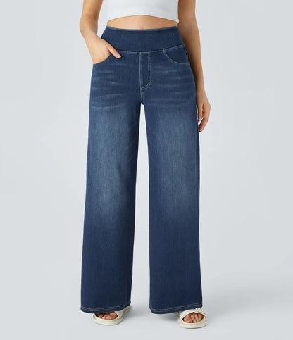 Halara Flex™ High Waisted Multiple Pockets Baggy Wide Leg Washed Stretchy Knit Casual Jeans