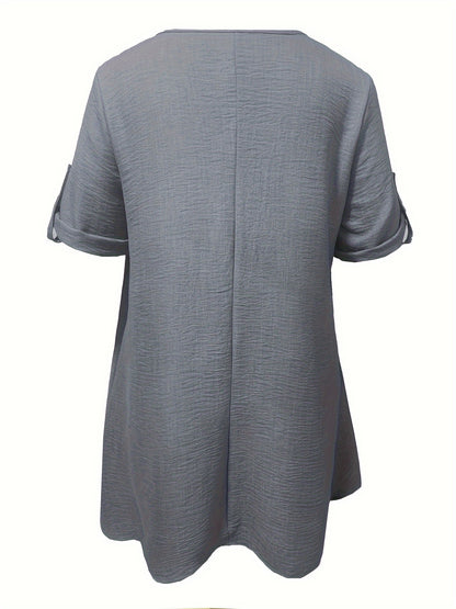Beige Peplum jurk voor dames met V-hals, losse pasvorm, gebalde zoom - Casual reizen en vakantie kleding, polyester stof, lente/zomer stijl, casual kleding|Peplum zoom|Polyester jurk