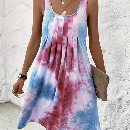 Plus Size Dames Casual Mouwloze Tie-Dye Print Jurk - Levendig Paars & Blauw Willekeurig Patroon, Losse Pasvorm Ronde Hals Potloodrok, Wasbare Zomerjurk, Vlottende Stof Gown
