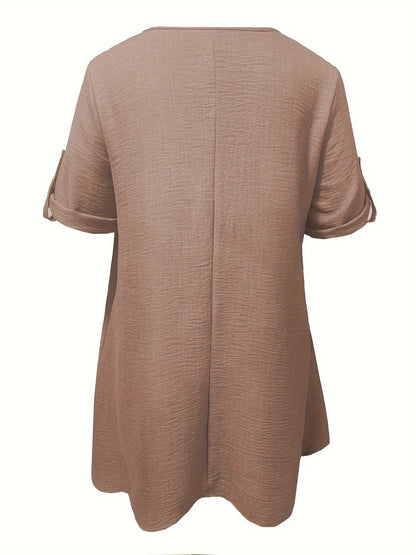 Beige Peplum jurk voor dames met V-hals, losse pasvorm, gebalde zoom - Casual reizen en vakantie kleding, polyester stof, lente/zomer stijl, casual kleding|Peplum zoom|Polyester jurk