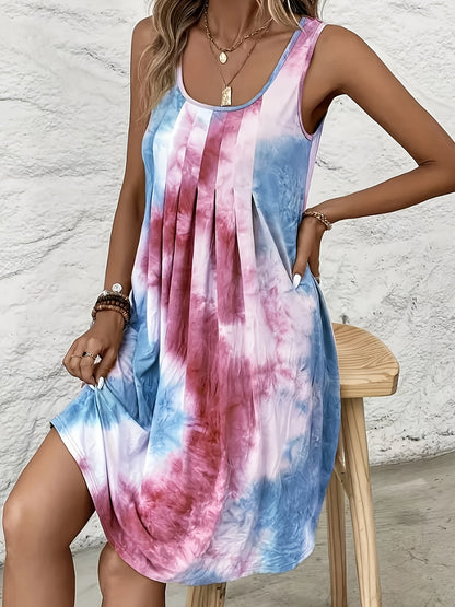 Plus Size Dames Casual Mouwloze Tie-Dye Print Jurk - Levendig Paars & Blauw Willekeurig Patroon, Losse Pasvorm Ronde Hals Potloodrok, Wasbare Zomerjurk, Vlottende Stof Gown