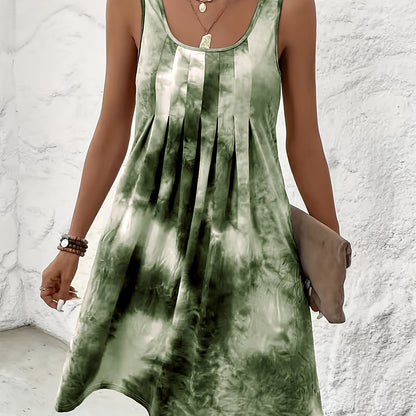 Plus Size Dames Casual Mouwloze Tie-Dye Print Jurk - Levendig Paars & Blauw Willekeurig Patroon, Losse Pasvorm Ronde Hals Potloodrok, Wasbare Zomerjurk, Vlottende Stof Gown