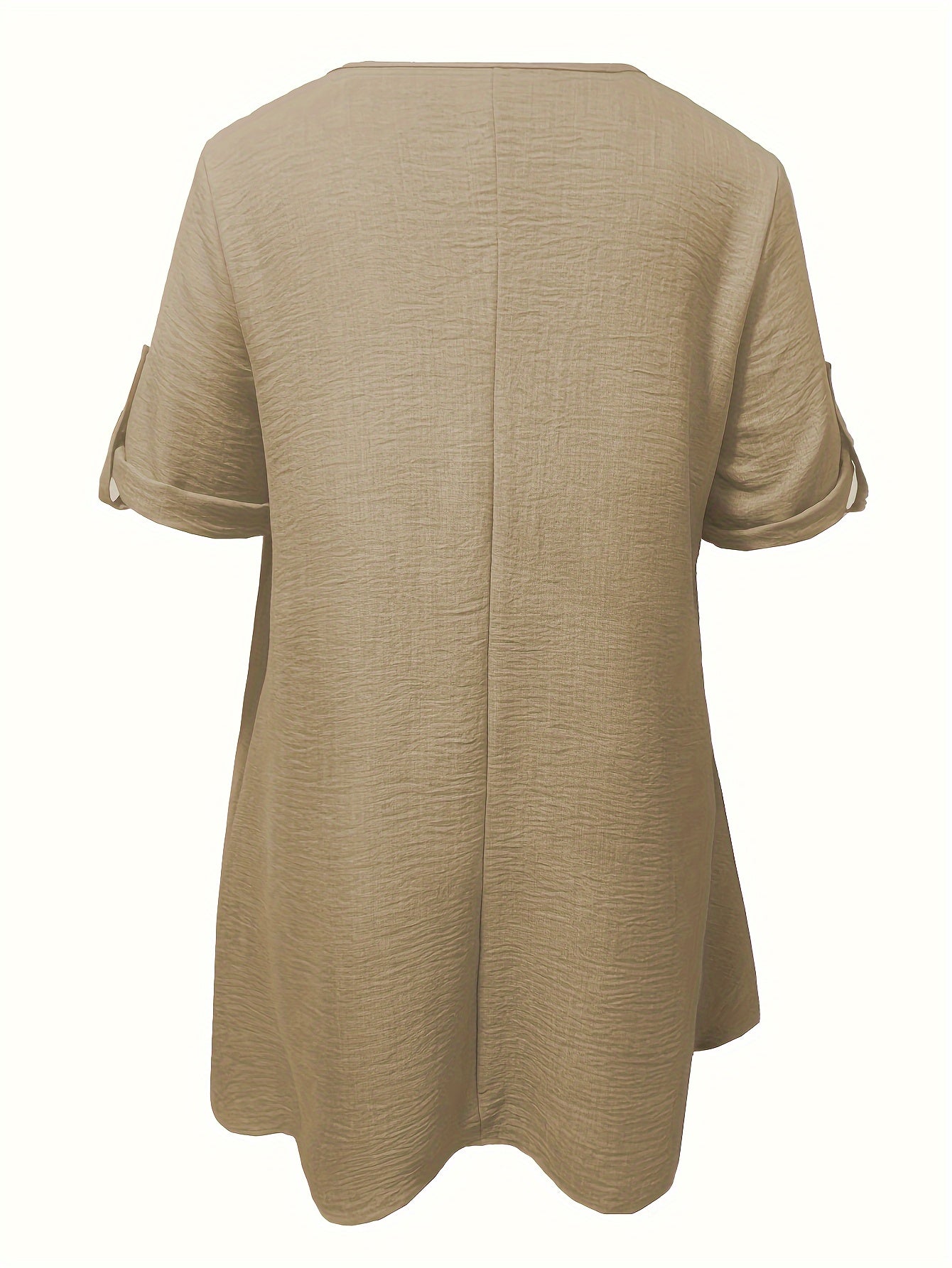 Beige Peplum jurk voor dames met V-hals, losse pasvorm, gebalde zoom - Casual reizen en vakantie kleding, polyester stof, lente/zomer stijl, casual kleding|Peplum zoom|Polyester jurk