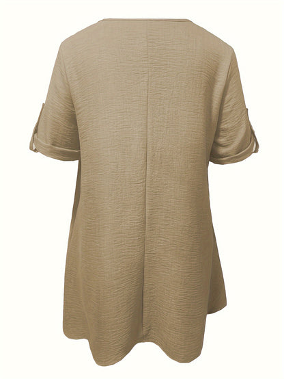 Beige Peplum jurk voor dames met V-hals, losse pasvorm, gebalde zoom - Casual reizen en vakantie kleding, polyester stof, lente/zomer stijl, casual kleding|Peplum zoom|Polyester jurk