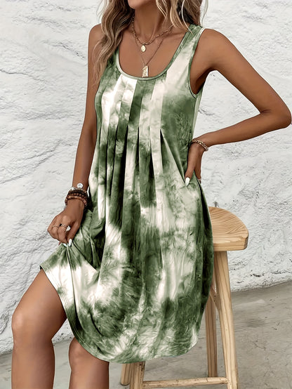 Plus Size Dames Casual Mouwloze Tie-Dye Print Jurk - Levendig Paars & Blauw Willekeurig Patroon, Losse Pasvorm Ronde Hals Potloodrok, Wasbare Zomerjurk, Vlottende Stof Gown