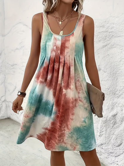 Plus Size Dames Casual Mouwloze Tie-Dye Print Jurk - Levendig Paars & Blauw Willekeurig Patroon, Losse Pasvorm Ronde Hals Potloodrok, Wasbare Zomerjurk, Vlottende Stof Gown