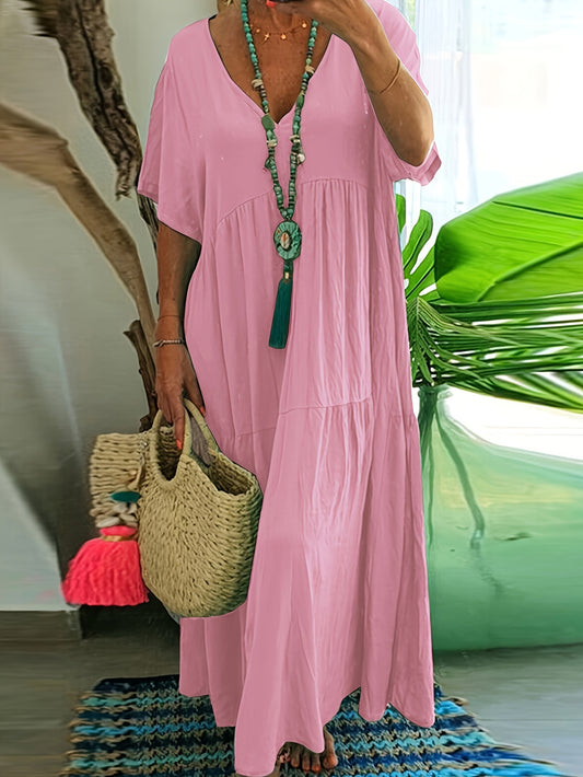 Plus Size - Dames Plus Size A-Line Plissé Maxi Jurk - V-hals, Korte Mouw, Effen Kleur, Lichtblauw & Witte Strepen, Zomerse Elegance, Casual Stijl, Casual Zomerjurk | V-hals Jurk | Plissé Detailering, Plus Size Jurk