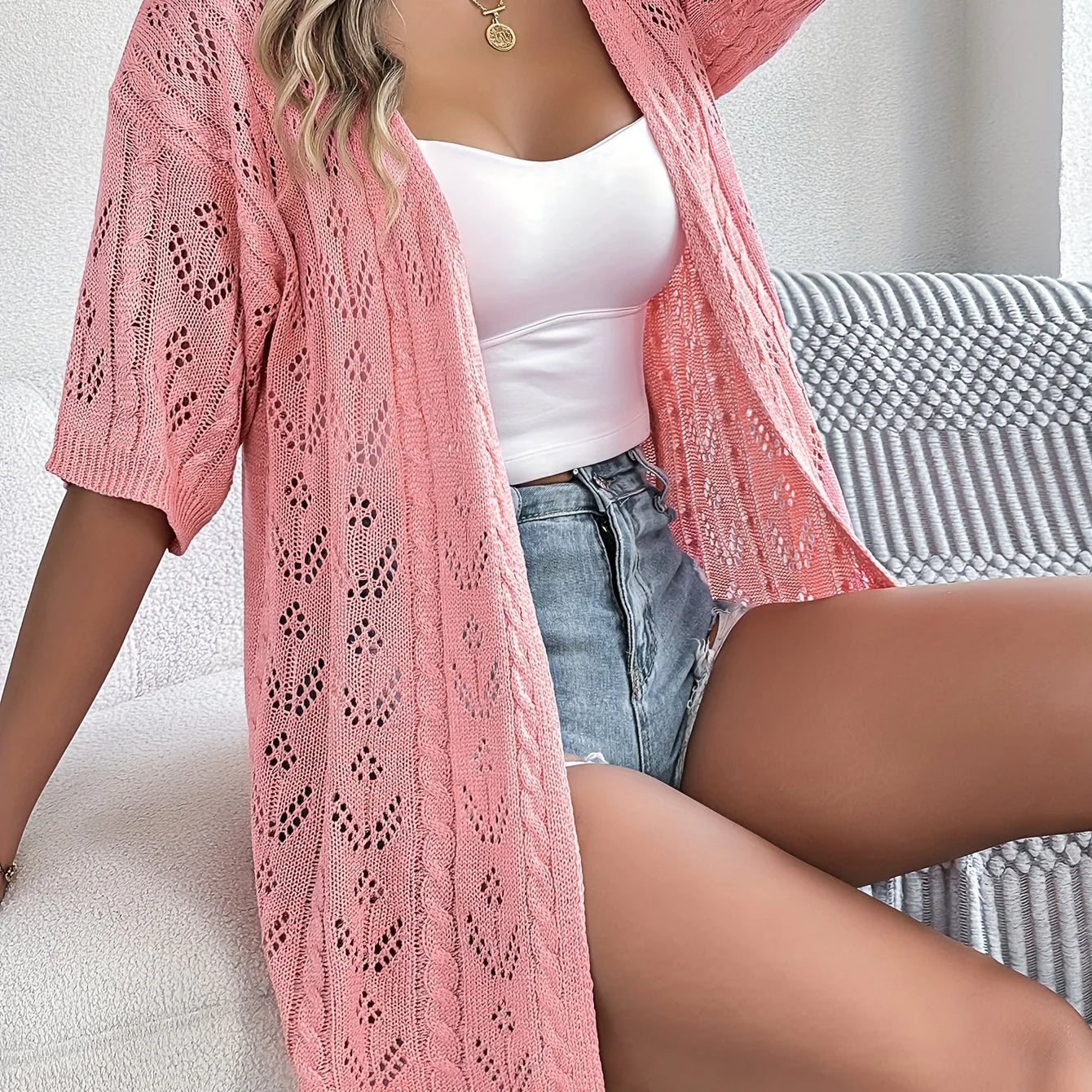 Vrouwen Lichtgewicht Kanten Cardigan - Hoog Elastisch Open Voorkant Semi-Doorschijnende Cover-Up Voor Lente Zomer Herfst, Casual Chic Laagje, Seizoensmode, Decoratieve Gebreide Trui