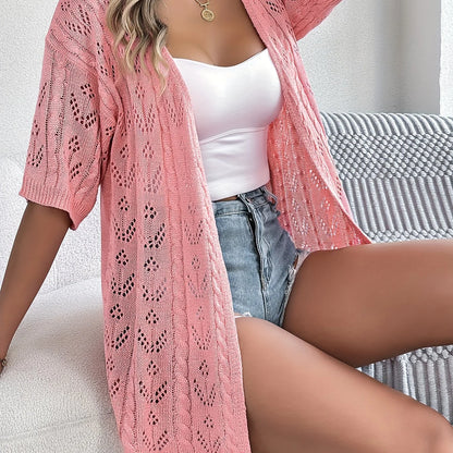 Vrouwen Lichtgewicht Kanten Cardigan - Hoog Elastisch Open Voorkant Semi-Doorschijnende Cover-Up Voor Lente Zomer Herfst, Casual Chic Laagje, Seizoensmode, Decoratieve Gebreide Trui
