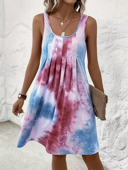Plus Size Dames Casual Mouwloze Tie-Dye Print Jurk - Levendig Paars & Blauw Willekeurig Patroon, Losse Pasvorm Ronde Hals Potloodrok, Wasbare Zomerjurk, Vlottende Stof Gown