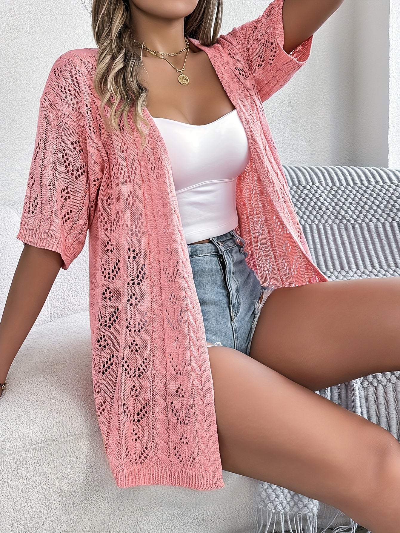 Vrouwen Lichtgewicht Kanten Cardigan - Hoog Elastisch Open Voorkant Semi-Doorschijnende Cover-Up Voor Lente Zomer Herfst, Casual Chic Laagje, Seizoensmode, Decoratieve Gebreide Trui