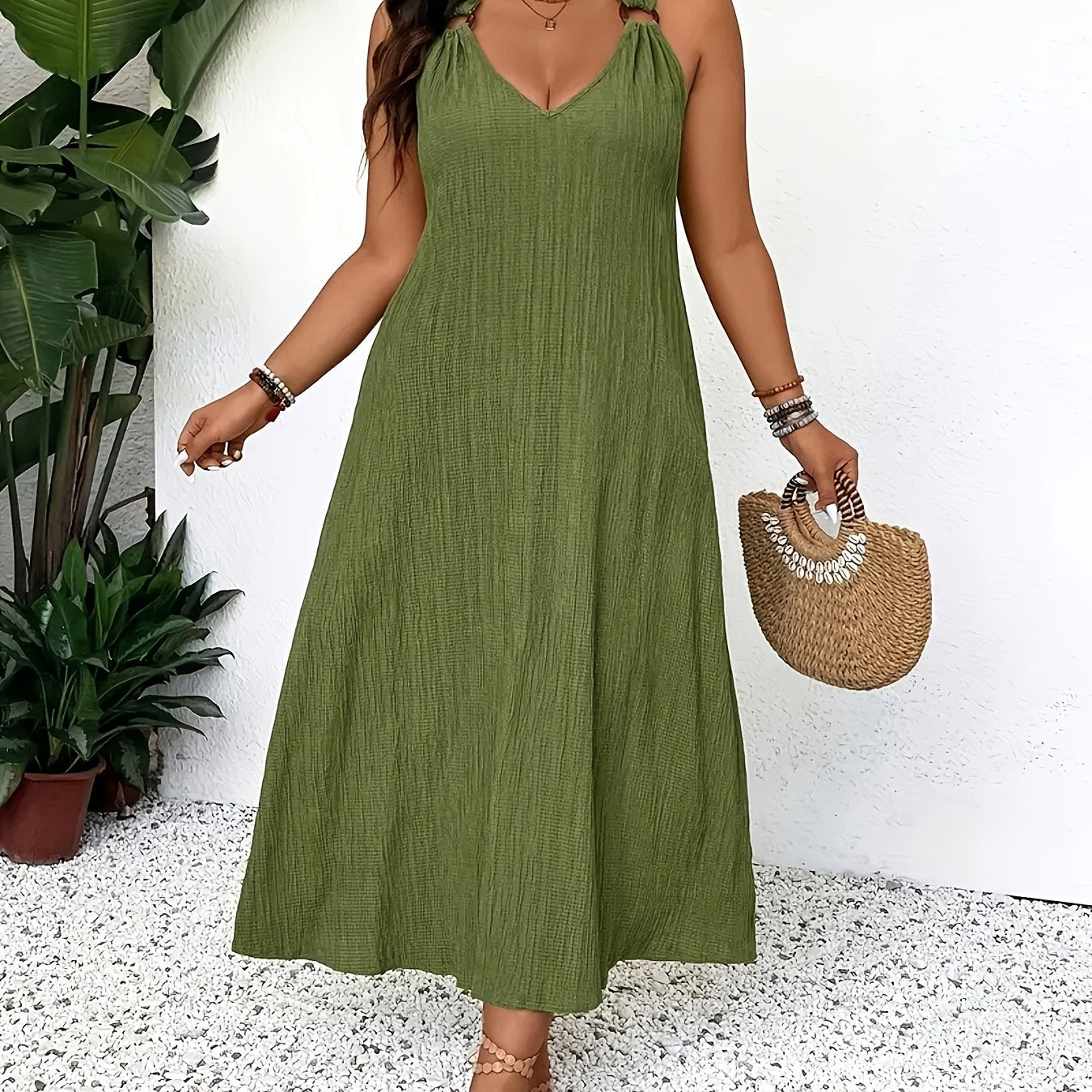 Plus Size Dames Modieuze Effen Kleur Mouwloze V-hals Maxi Jurk - Losse Pasvorm, Niet Stretchend Stof, Casual Weekendkleding Voor Lente/Zomer, Casual Kleding|V-hals Jurk|Niet Stretchend Stof