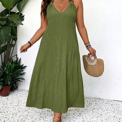 Plus Size Dames Modieuze Effen Kleur Mouwloze V-hals Maxi Jurk - Losse Pasvorm, Niet Stretchend Stof, Casual Weekendkleding Voor Lente/Zomer, Casual Kleding|V-hals Jurk|Niet Stretchend Stof