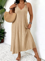 Plus Size Dames Modieuze Effen Kleur Mouwloze V-hals Maxi Jurk - Losse Pasvorm, Niet Stretchend Stof, Casual Weekendkleding Voor Lente/Zomer, Casual Kleding|V-hals Jurk|Niet Stretchend Stof
