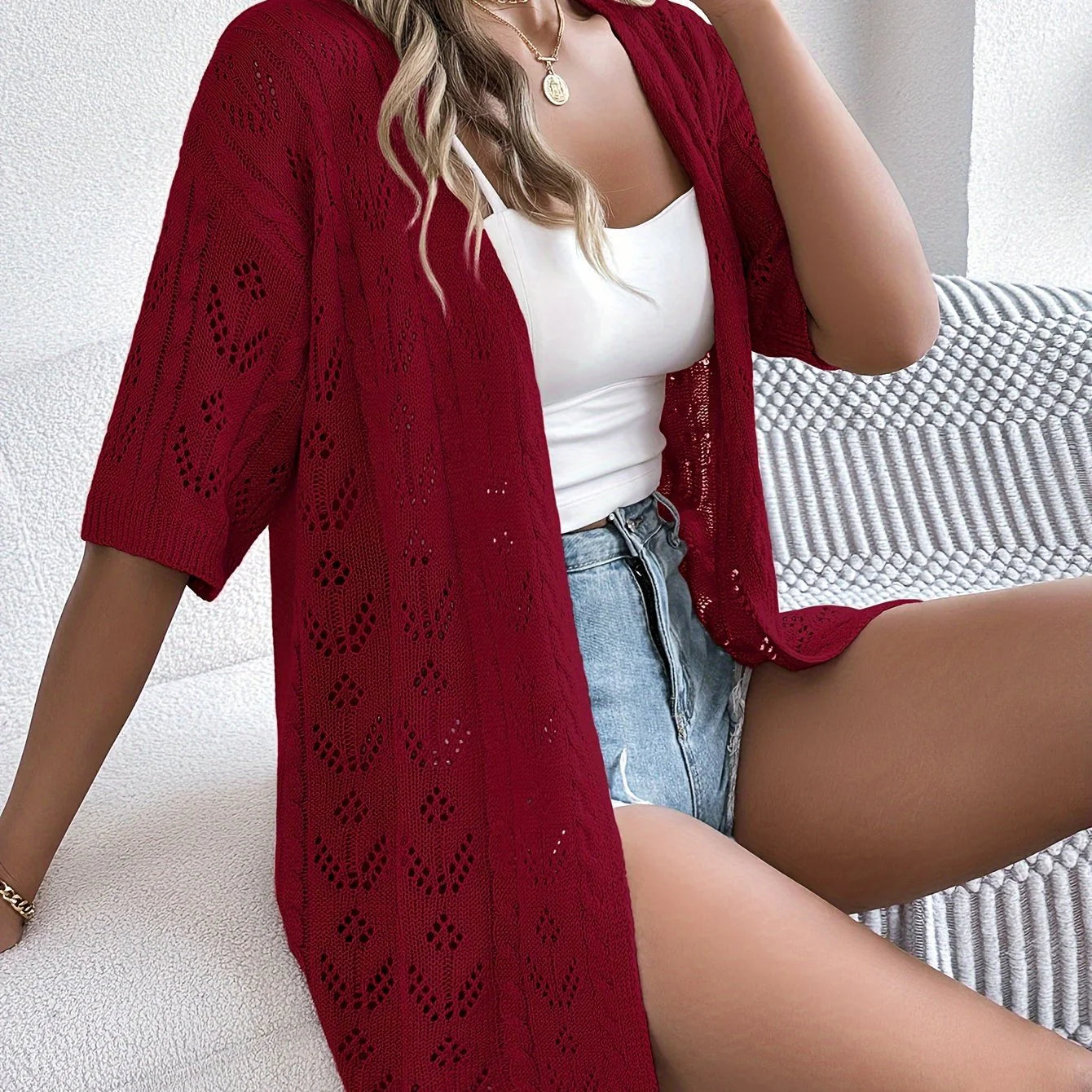 Vrouwen Lichtgewicht Kanten Cardigan - Hoog Elastisch Open Voorkant Semi-Doorschijnende Cover-Up Voor Lente Zomer Herfst, Casual Chic Laagje, Seizoensmode, Decoratieve Gebreide Trui