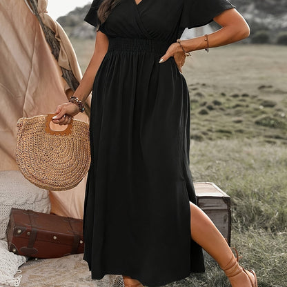 Elegante plus-size Franse stijl V-hals jurk met kantel detail, lange mouw en uitlopende zoom - Effen kleur, perfect voor lente/zomer, plus-size jurk