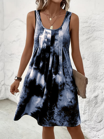 Plus Size Dames Casual Mouwloze Tie-Dye Print Jurk - Levendig Paars & Blauw Willekeurig Patroon, Losse Pasvorm Ronde Hals Potloodrok, Wasbare Zomerjurk, Vlottende Stof Gown