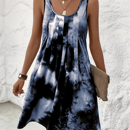 Plus Size Dames Casual Mouwloze Tie-Dye Print Jurk - Levendig Paars & Blauw Willekeurig Patroon, Losse Pasvorm Ronde Hals Potloodrok, Wasbare Zomerjurk, Vlottende Stof Gown