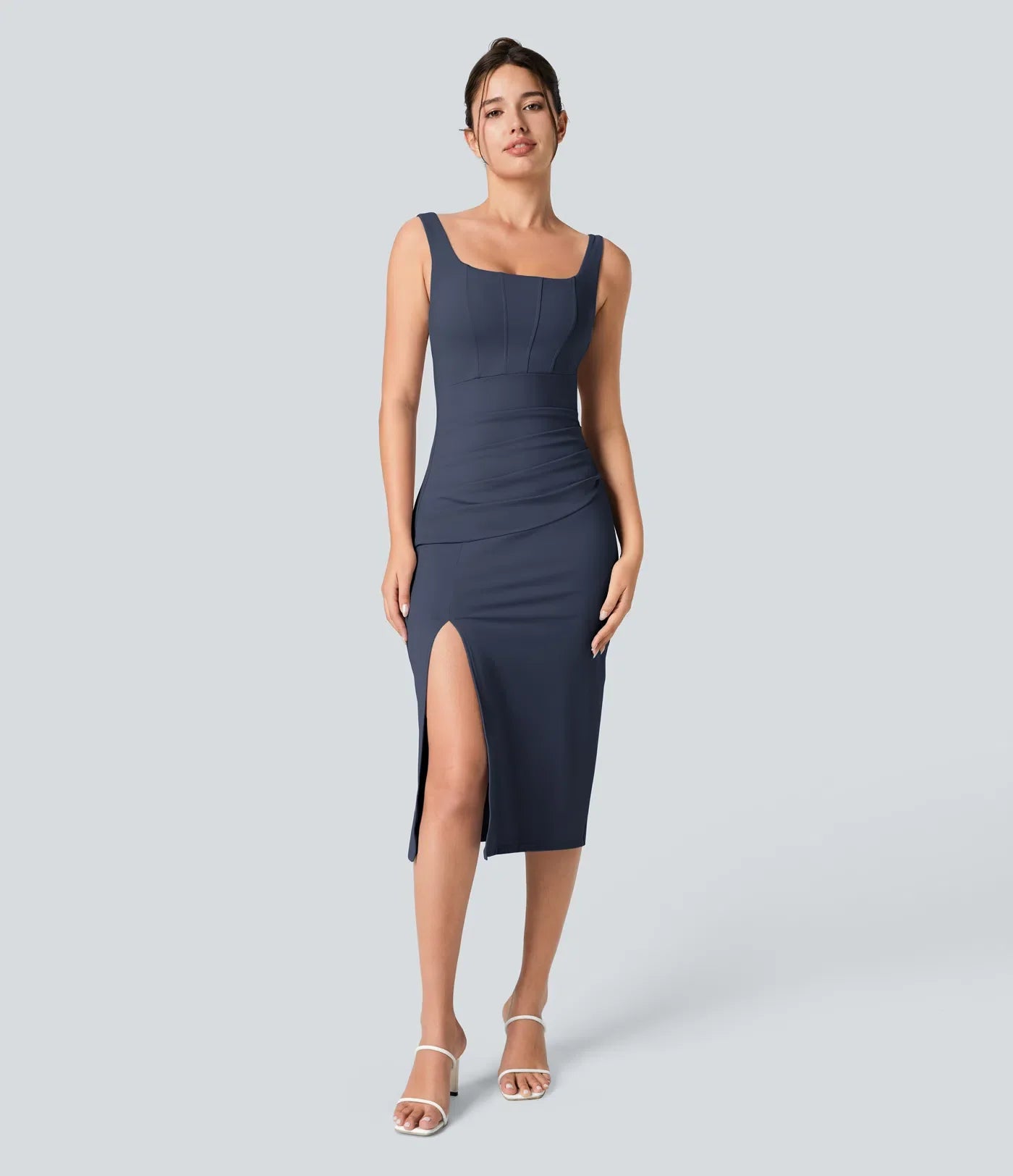 Softlyzero™ Airy Square Neck Backless Corset Ruched Split Bodycon Midi Cool Touch Bridesmaid and Wedding Guest Dress
