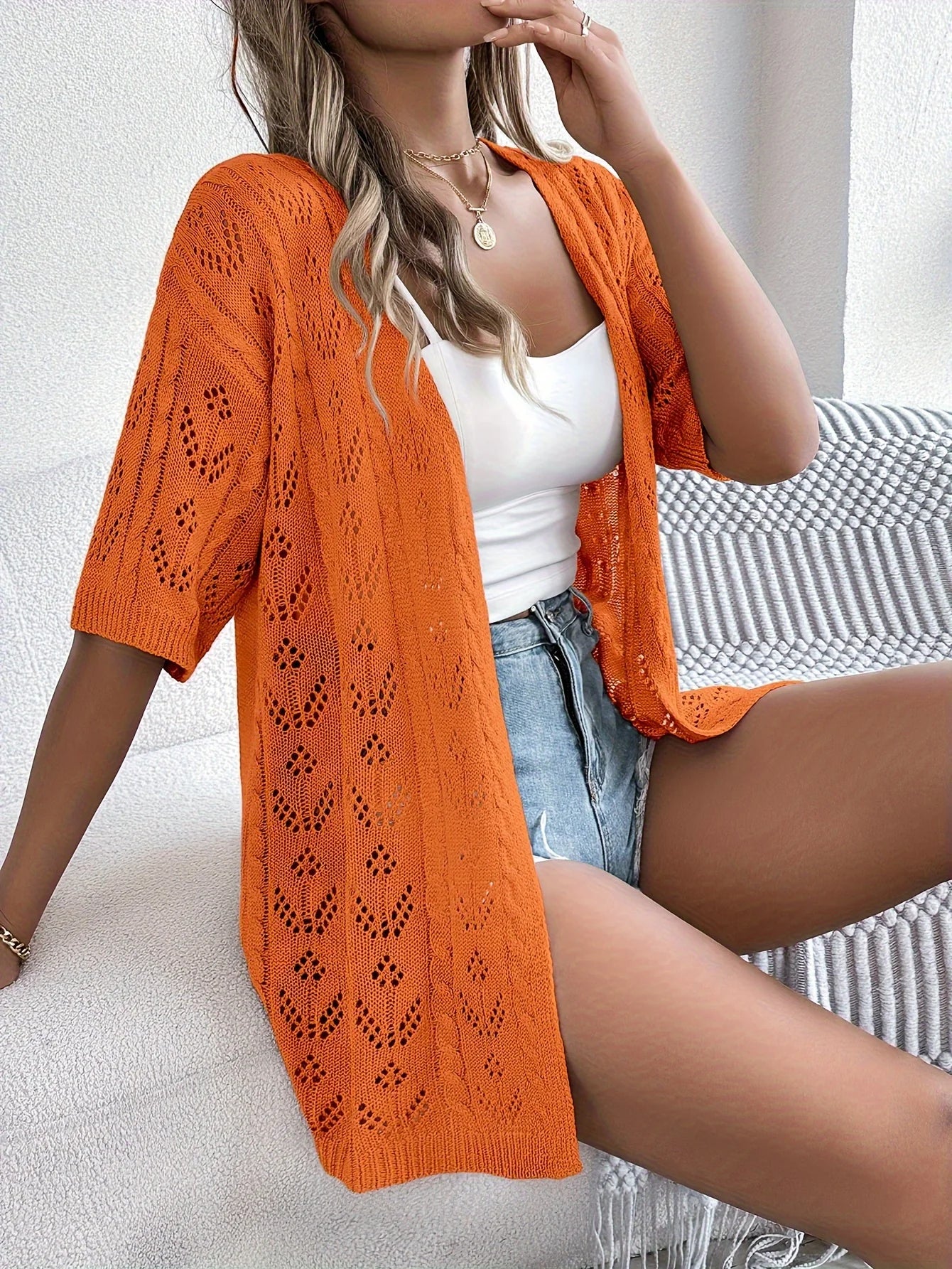 Vrouwen Lichtgewicht Kanten Cardigan - Hoog Elastisch Open Voorkant Semi-Doorschijnende Cover-Up Voor Lente Zomer Herfst, Casual Chic Laagje, Seizoensmode, Decoratieve Gebreide Trui
