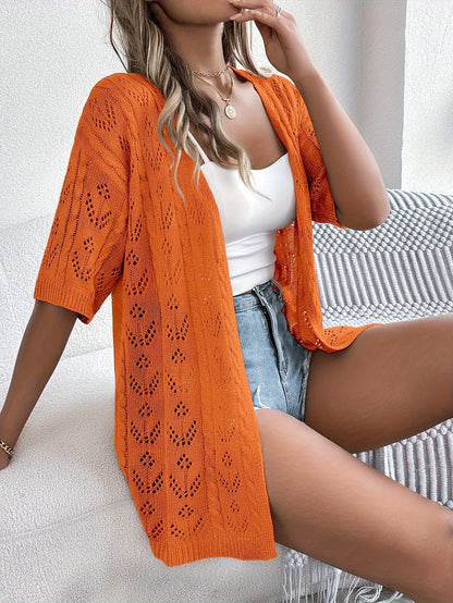 Vrouwen Lichtgewicht Kanten Cardigan - Hoog Elastisch Open Voorkant Semi-Doorschijnende Cover-Up Voor Lente Zomer Herfst, Casual Chic Laagje, Seizoensmode, Decoratieve Gebreide Trui